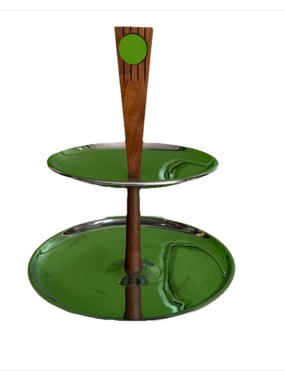 Vintage MCM Kromex 2 Tier Teak Wooden Handle Tidbit Dessert Serving Tray Chrome